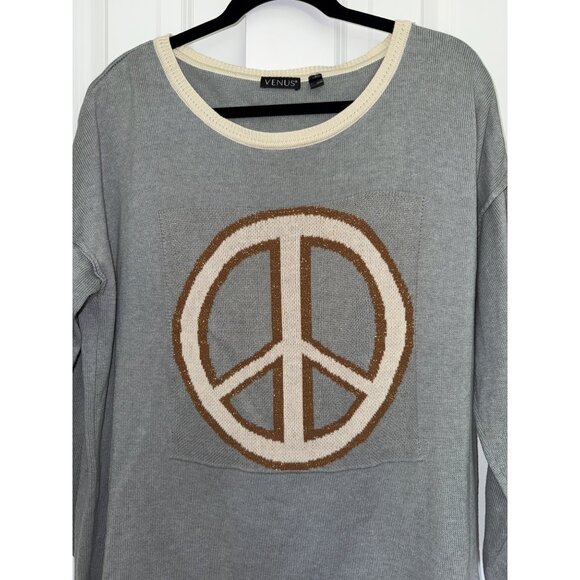 VENUS size XL Peace sign Grey Pull over Sweater Boho - Picture 3 of 6